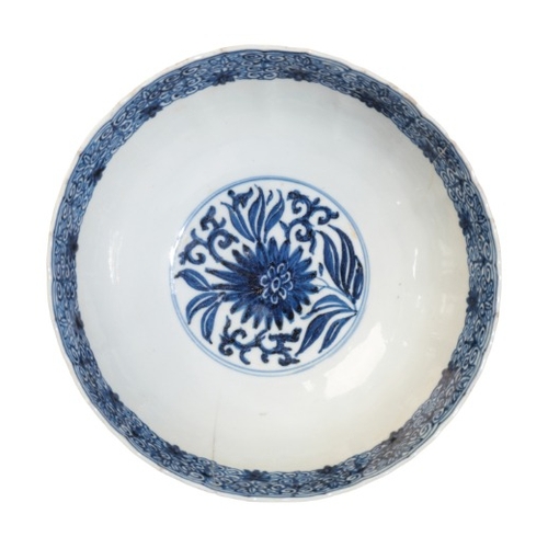 174 - TWO CHINESE BLUE AND WHITE BOWLS

Kangxi, one bearing a blue flower mark to the base, both decorated... 