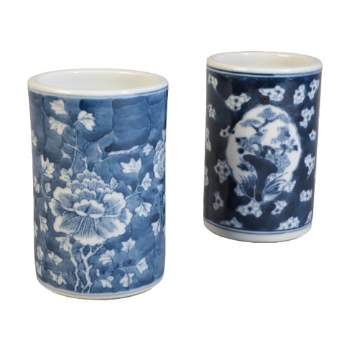 177 - TWO CHINESE BLUE AND WHITE PORCELAIN BRUSH POTS

one bearing four character Guangxu mark to the base... 