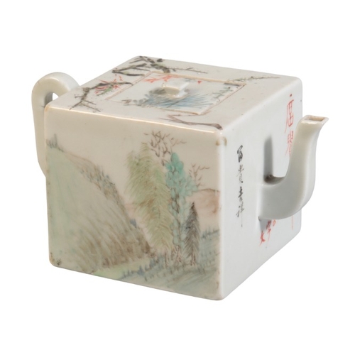 180 - A CHINESE REPUBLIC PERIOD PORCELAIN TEAPOT

decorated with a crane in a mountainous landscape, inscr... 