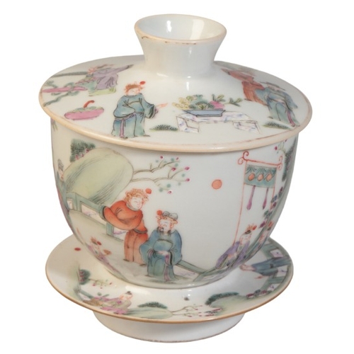 184 - A CHINESE FAMILLE ROSE GAIWAN TEA BOWL, COVER AND STAND

probably early 20th century, bearing six ch... 