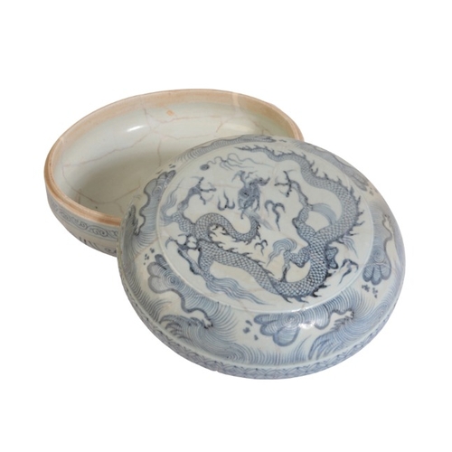 185 - A CHINESE PORCELAIN BLUE AND WHITE DRAGON BOX AND COVER

Yuan dynasty or later, the top decorated wi... 