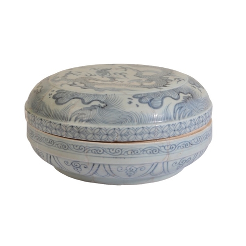 185 - A CHINESE PORCELAIN BLUE AND WHITE DRAGON BOX AND COVER

Yuan dynasty or later, the top decorated wi... 