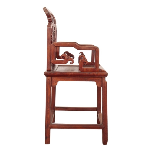 2 - A CHINESE HARDWOOD ARMCHAIR CHAIR

with scrolled back rail and stepped arms, the back splat with a c... 