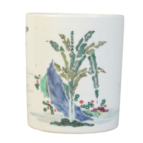 202 - A CHINESE FAMILLE ROSE BRUSH POT

late Qing dynasty, the exterior decorated with figures in a garden... 