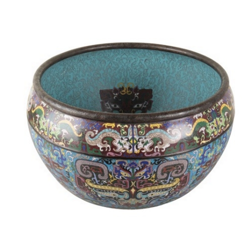 21 - AN IMPRESSIVE CHINESE CLOISONNÉ FISH BOWL

late Qing, the blue interior decorated with archaistic ta... 