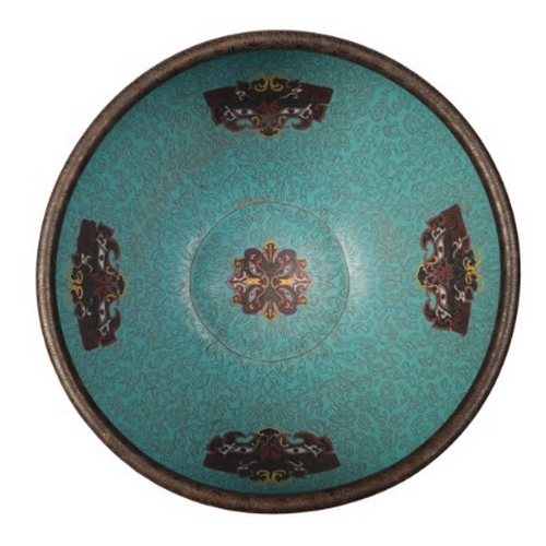 21 - AN IMPRESSIVE CHINESE CLOISONNÉ FISH BOWL

late Qing, the blue interior decorated with archaistic ta... 