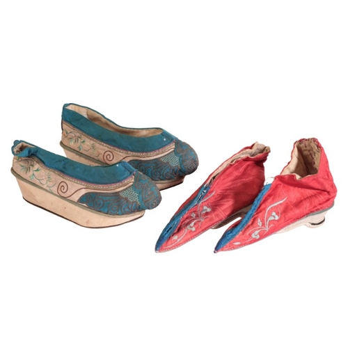 213 - TWO PAIRS OF CHINESE SHOES

early 20th century, one of Matidi form, 20cm long, the other pair in red... 