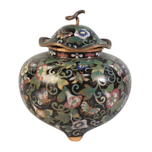 220 - A JAPANESE CLOISONNE CENSER

Meiji Period, the black ground decorated with flowers and insects, on t... 