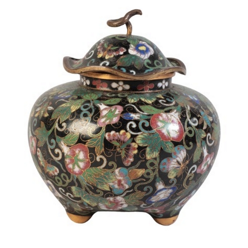 220 - A JAPANESE CLOISONNE CENSER

Meiji Period, the black ground decorated with flowers and insects, on t... 