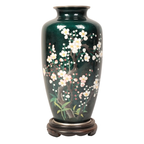 221 - A JAPANESE GINBARI CLOISONNÉ ENAMEL VASE

by Sato, decorated with prunus blossom on a green ground, ... 