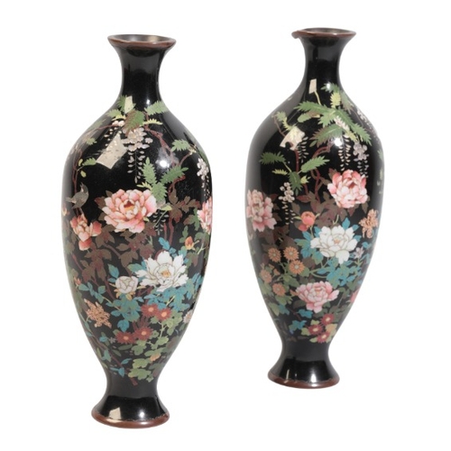 222 - A PAIR OF JAPANESE BLACK GROUND CLOISONNE VASES

Meiji or Taisho, late 19th century or early 20th ce... 