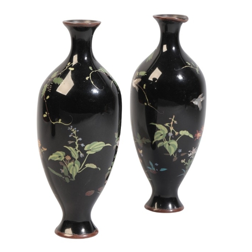 222 - A PAIR OF JAPANESE BLACK GROUND CLOISONNE VASES

Meiji or Taisho, late 19th century or early 20th ce... 