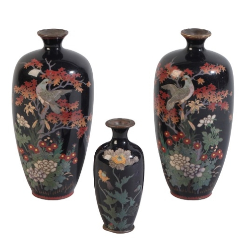 223 - A PAIR OF JAPANESE CLOISONNE VASES

Meiji period, 19th century, of baluster shape with midnight blue... 