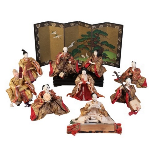 231 - A COLLECTION OF NINE MUSICIAN DOLLS FOR THE FESTIVAL OF HINAMATSURI, OR GIRL'S DAY

Showa, late 19th... 