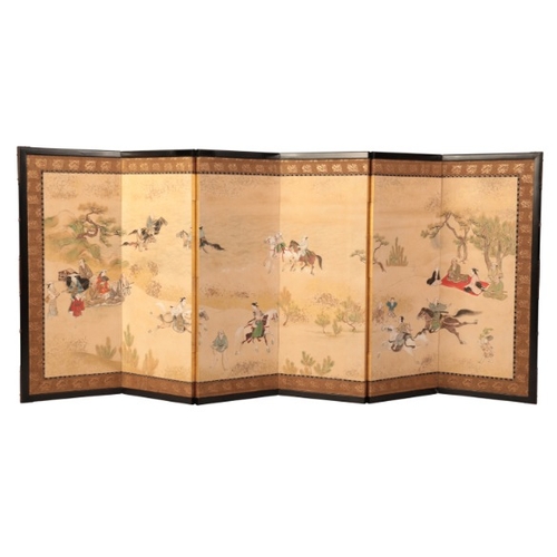 233 - A PAIR OF JAPANESE SIX PANEL TABLE SCREENS

decorated in colours with cranes and horsemen respective... 