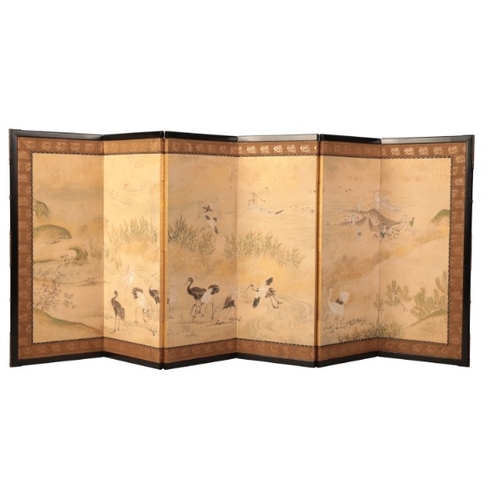 233 - A PAIR OF JAPANESE SIX PANEL TABLE SCREENS

decorated in colours with cranes and horsemen respective... 