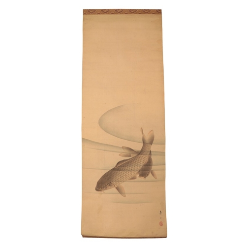 234 - TWO JAPANESE SCROLL PAINTINGS

one depicting a carp, signed and with seal mark, 106cm x 39cm, the ot... 