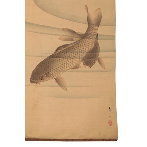 234 - TWO JAPANESE SCROLL PAINTINGS

one depicting a carp, signed and with seal mark, 106cm x 39cm, the ot... 