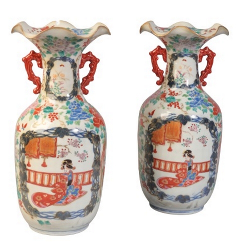 238 - A PAIR OF JAPANESE VASES WITH FLARED SCALLOPED NECKS

Meiji or later, late 19th/20th century, the bo... 