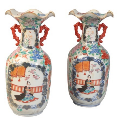 238 - A PAIR OF JAPANESE VASES WITH FLARED SCALLOPED NECKS

Meiji or later, late 19th/20th century, the bo... 