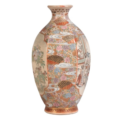 242 - A JAPANESE HEXAGONAL LOBED SATSUMA VASE

Meiji period, late 19th century, decorated with two cartouc... 