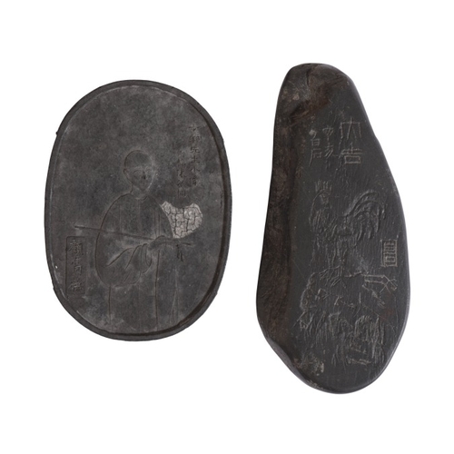 49 - A CHINESE INK STONE

carved in relief with a scholar and incised with script, eight character mark t... 