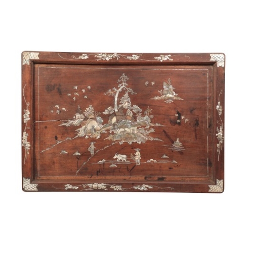 54 - TWO CHINESE TRAYS

early 20th century, the first with lip inlaid with mother of pearl prunus, 64cm l... 