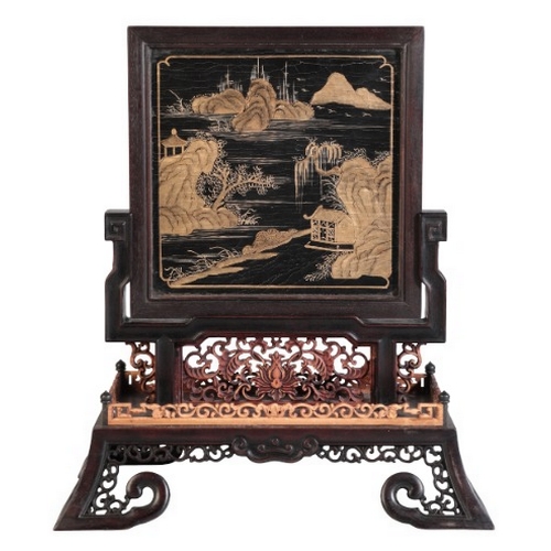 55 - A CHINESE HARDWOOD TABLE SCREEN

inset to one side with a cloisonnÃ© panel inlaid with a central sho... 