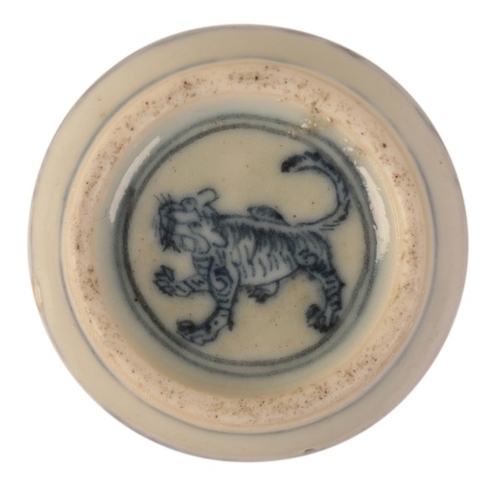 75 - A CHINESE SNUFF BOTTLE

bearing a tiger mark to the base, decorated in blue, white and red with figu... 