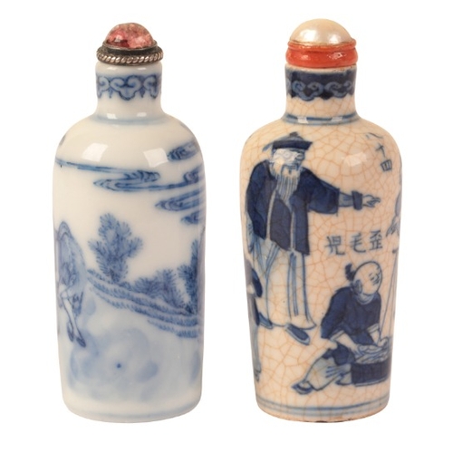 76 - TWO CHINESE BLUE AND WHITE SNUFF BOTTLES

one bearing a six character Yongzheng mark to the base, de... 