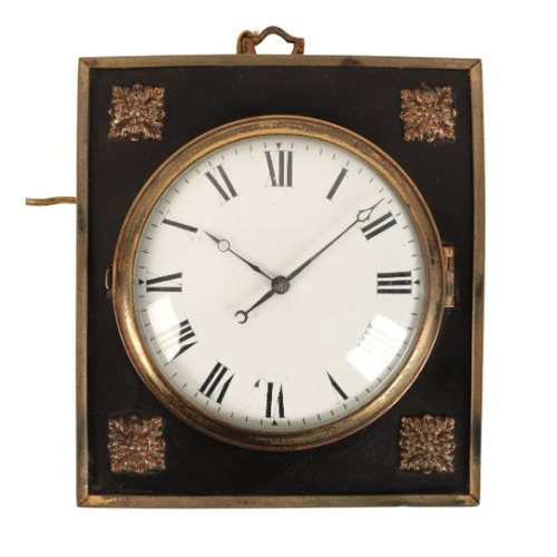 126 - A REGENCY EBONISED AND GILT METAL WALL CLOCK BY FRANCIS BERQUEZ OF CAVENDISH SQUARE

the backplate i... 