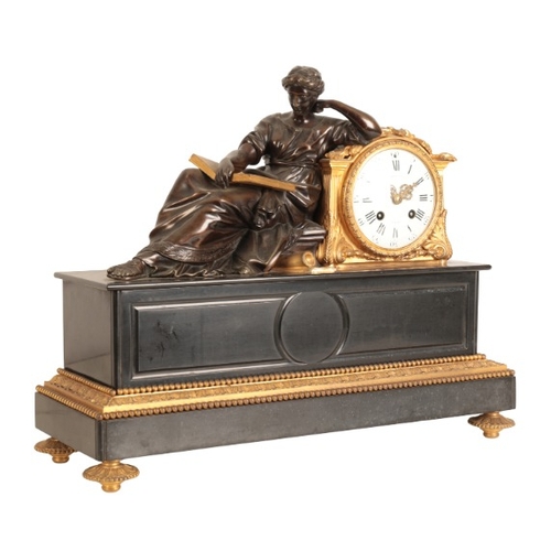 128 - A FRENCH ORMOLU MOUNTED BLACK SLATE MANTEL CLOCK

19th century, by Raingo Frères, Paris, with brown ... 