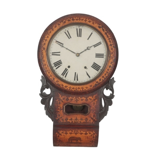 133 - A VICTORIAN MARQUETRY WALL CLOCK

the two train movement striking on a bell, the enamel dial with Ro... 