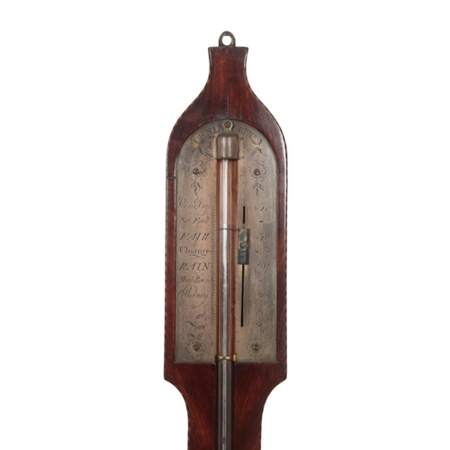 137 - A GEORGE III MAHOGANY STICK BAROMETER BY BALTHAZAR KNIE

the engraved silvered register plate set in... 