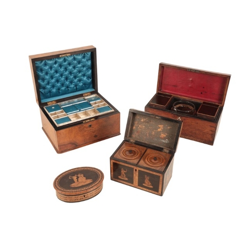 151 - A GROUP OF FOUR BOXES

including a Victorian walnut jewellery casket, with a hinged lid, single draw... 