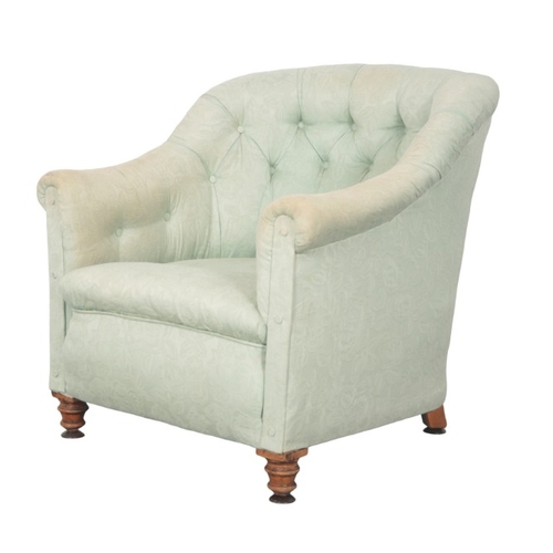 181 - A PAIR OF VICTORIAN 'COUNTRY HOUSE' TUB ARMCHAIRS

one with velvet and one with blue damask button-b... 