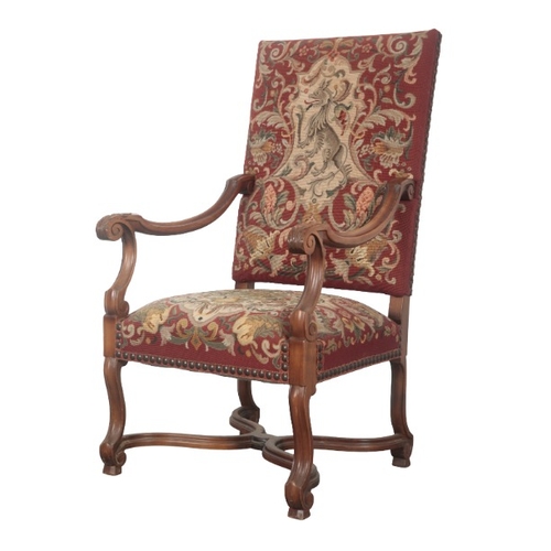 217 - A PAIR OF WILLIAM AND MARY STYLE WALNUT ARMCHAIRS

both with tapestry covers, one with a heraldic be... 