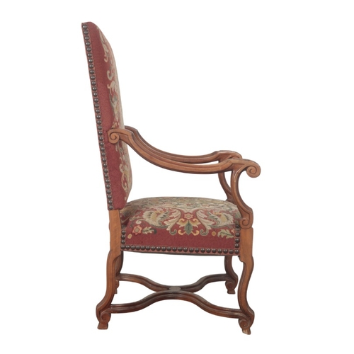 217 - A PAIR OF WILLIAM AND MARY STYLE WALNUT ARMCHAIRS

both with tapestry covers, one with a heraldic be... 