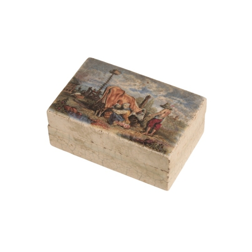 27 - A STAFFORDSHIRE PRATT WARE RECTANGULAR POTTERY BOX AND COVER

circa 1850, decorated with a milkmaid ... 