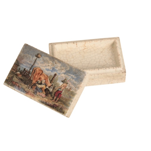 27 - A STAFFORDSHIRE PRATT WARE RECTANGULAR POTTERY BOX AND COVER

circa 1850, decorated with a milkmaid ... 