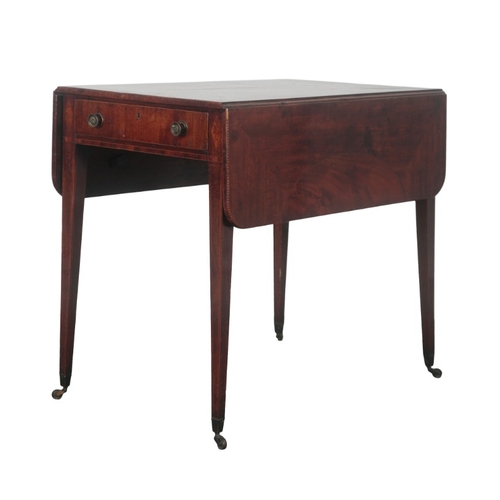 318 - A LATE GEORGE III MAHOGANY AND PARQUETRY STRUNG PEMBROKE TABLE

with a single frieze drawer to one e... 