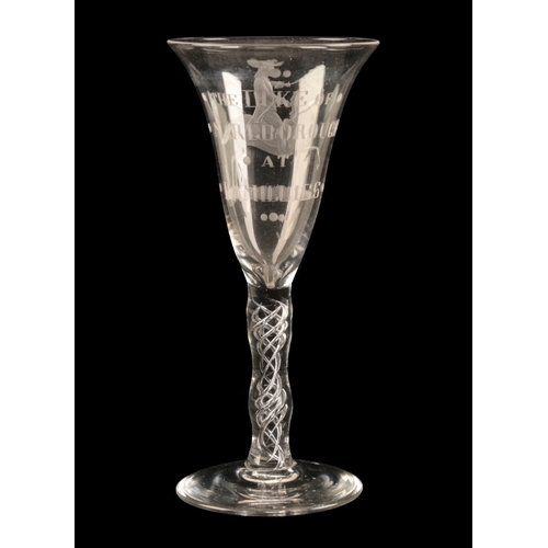 41 - AN ENGLISH COMMEMORATIVE WINE GLASS

18th century, the everted bowl engraved with the Duke on horseb... 