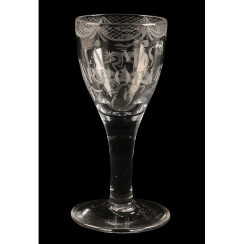 42 - AN ENGLISH WINE GLASS

18th century, the bowl engraved with stag, swags to rim and worded 'AMS Tarpo... 