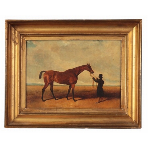 63 - MANNER OF JOHN NOST SARTORIUS (1759-1828) A bay racehorse with attendant groom in a landscape

oil o... 