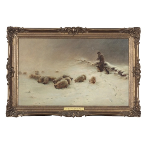 76 - MANNER OF JOSEPH FARQUHARSON (1846-1935) 'A Joyless Winter Day'

with a shepherd driving sheep throu... 