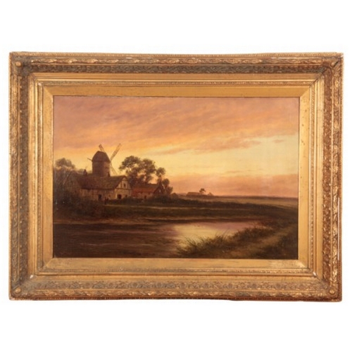 84 - NORWICH SCHOOL, 19TH CENTURY An East Anglian river landscape at dusk

with mill to bank, oil on canv... 