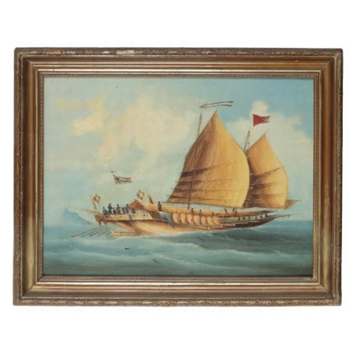 89 - CHINESE EXPORT SCHOOL, 19TH/20TH CENTURY Two seascapes depicting Junks at sea

with figures on the d... 