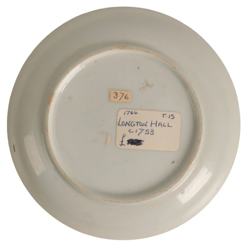 9 - A LONGTON HALL PORCELAIN SAUCER

circa 1760, decorated with flower sprigs and with puce edge, 12cm d... 