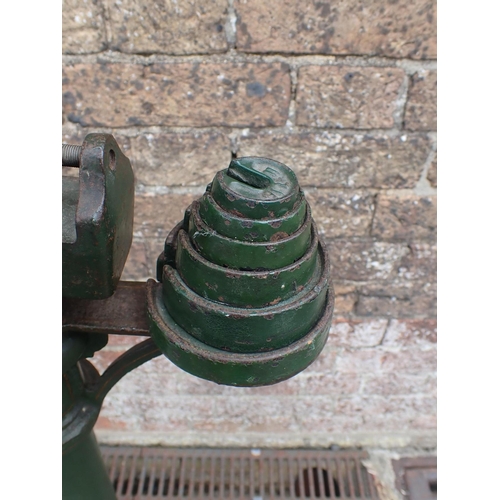 114 - JOHN BELL & ROYDEN ARNOLD AND SONS SCALES painted green, 88cms height with balance weights