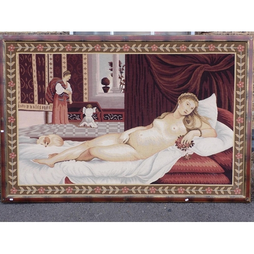 118 - A LARGE WOOL WORK COPY OF TITIAN'S VENUS OF URBINO approximately actual size, fixed to a stretcher, ... 